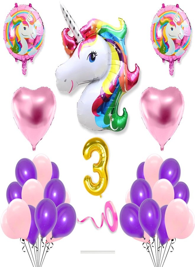 Flyloons 3rd Unicorn Theme Birthday Decoration Kit Pink Purple for 3 year Old Baby Boys Girls Kids 5 Pcs Unicorn Theme 30 Pcs Pastel Balloons Decoration Set Items 2 Pcs Pink Heart - Image 1